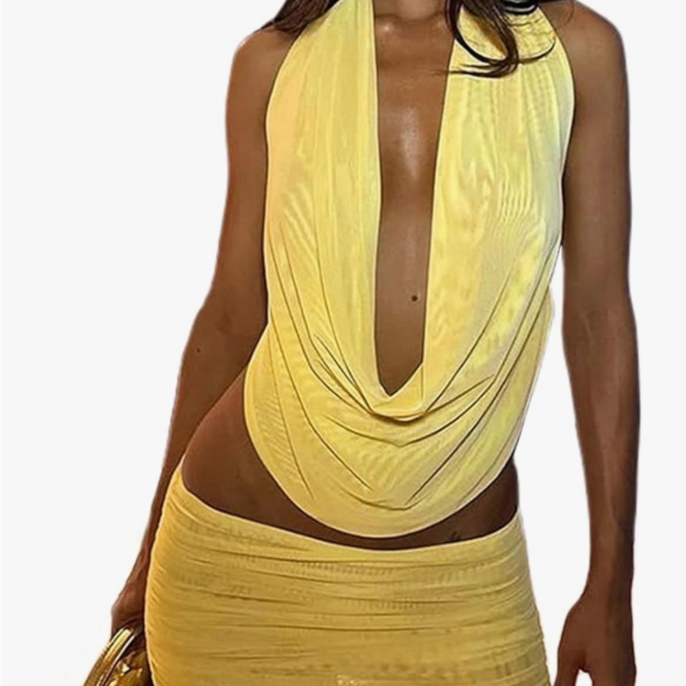 Yellow Mesh Halter Neck Drape Top and Skirt Set